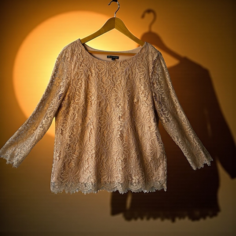 Adrianna Papell Floral Lace Shimmer Beige Long Sleeve Blouse Size L